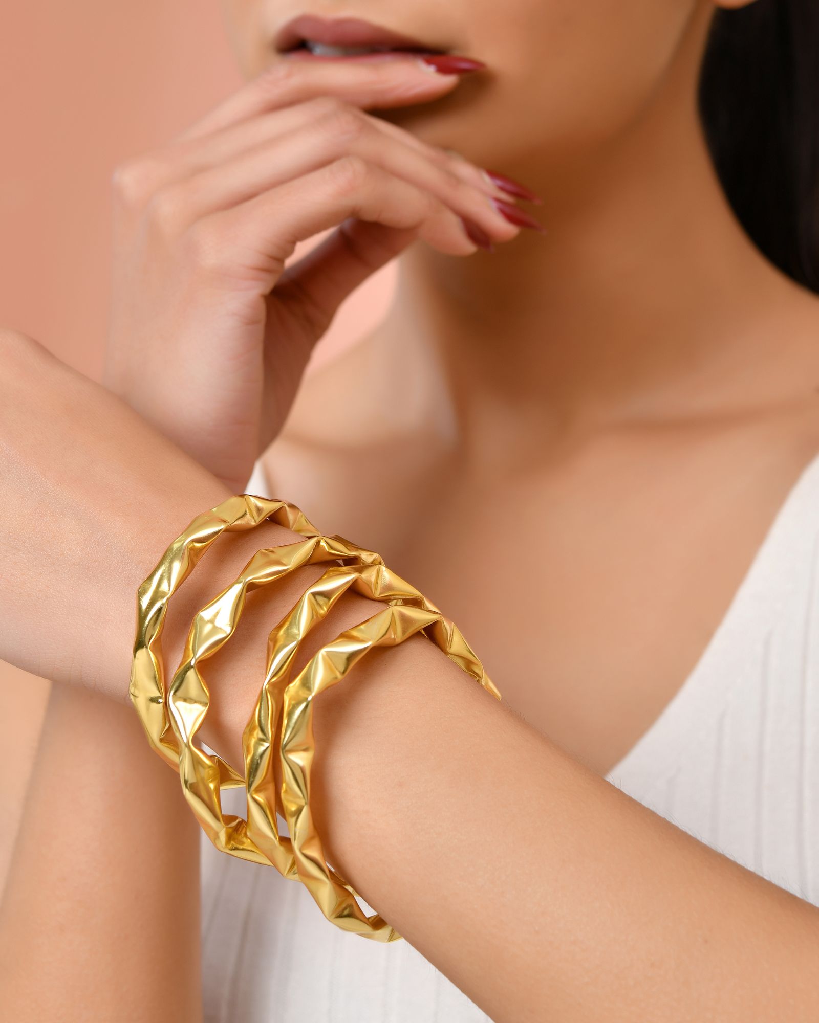 Jewels Nest Gold-Tone Crinkle Textured Open Bangles Set For Women | Grocsy