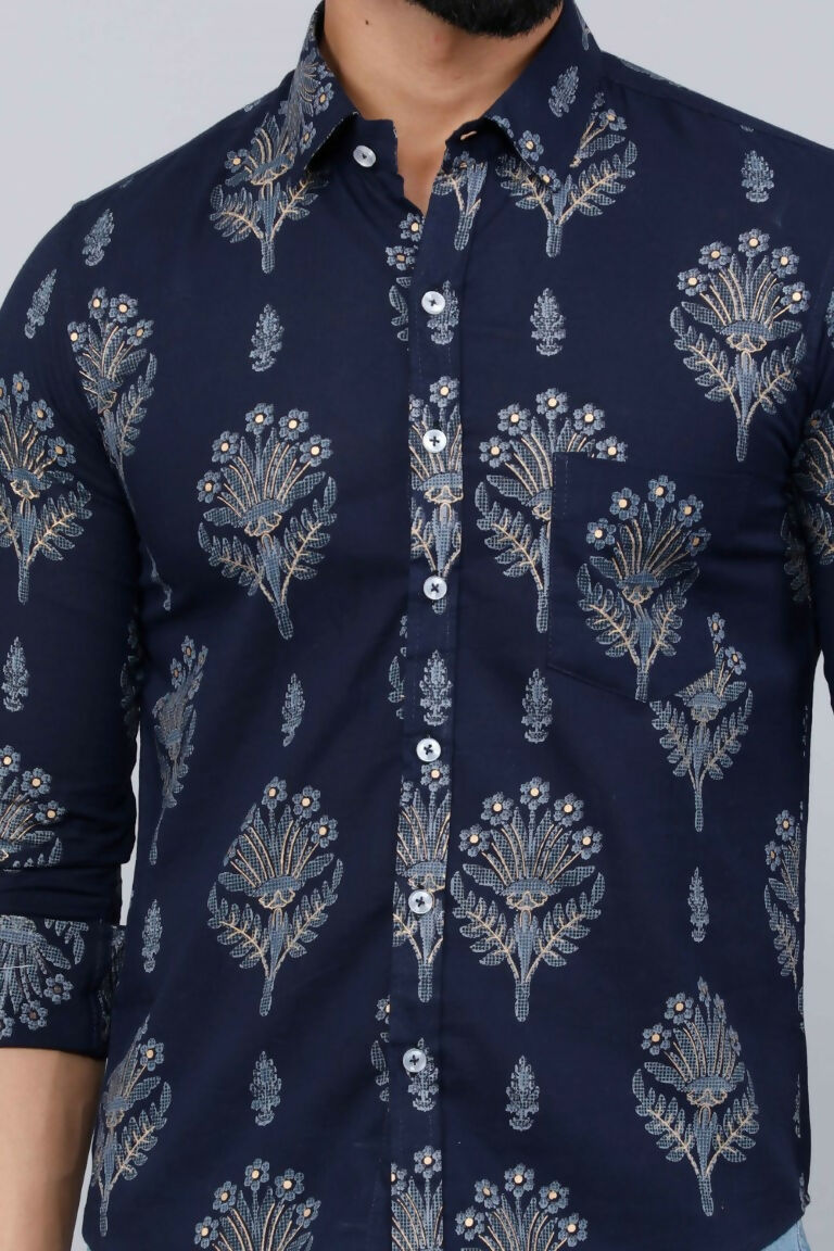 Miravan Men's Blue Spread Collar Floral Print Shirt | Grocsy