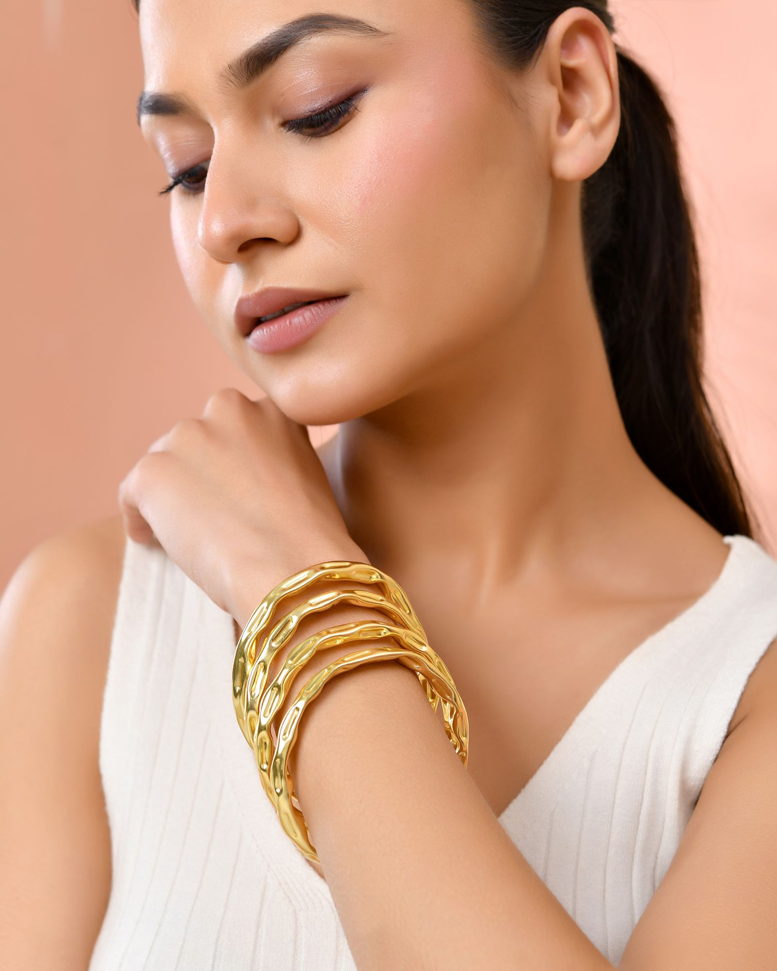 Jewels Nest Gold-Tone Organic Textured Open Bangles Set For Women | Grocsy