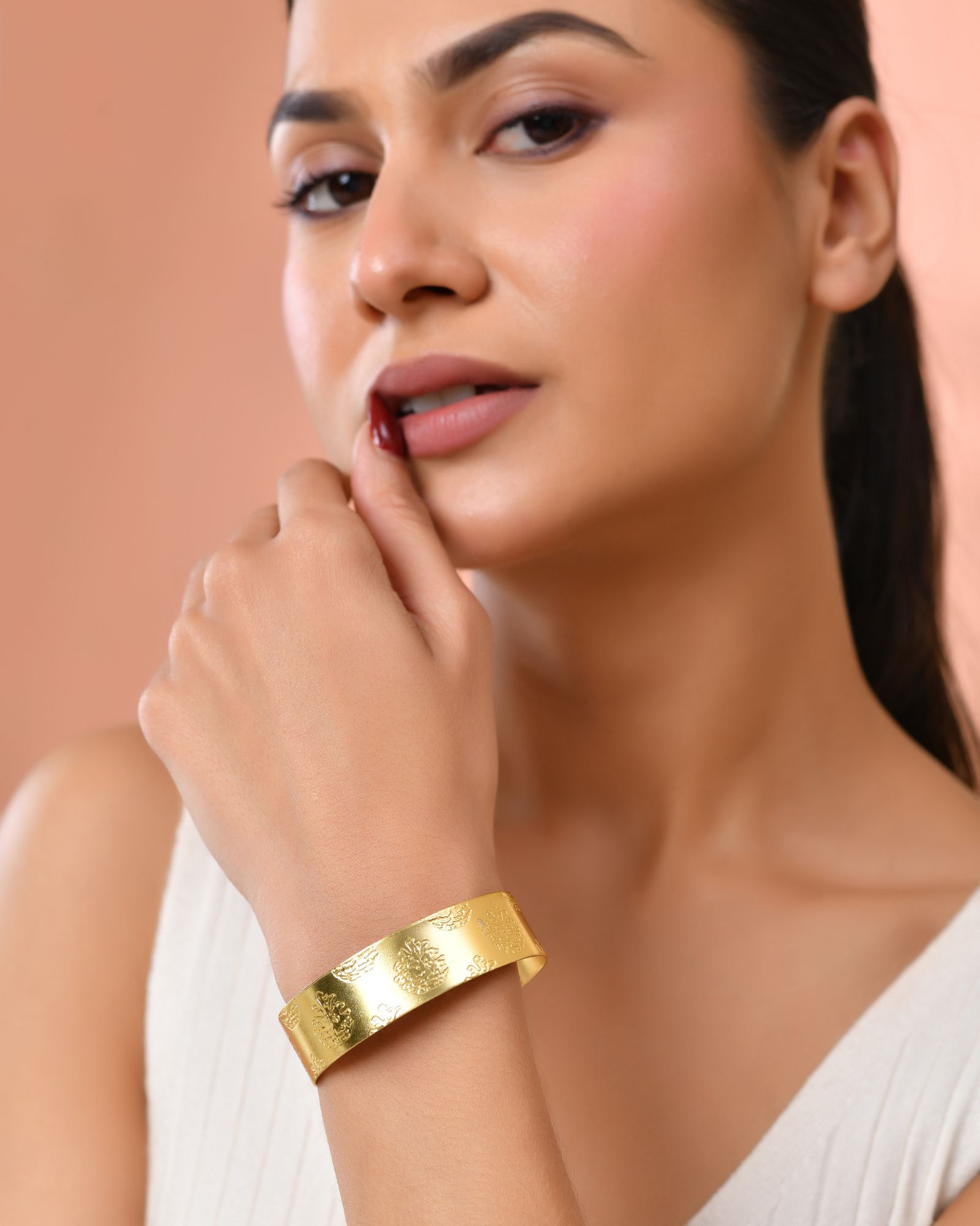 Jewels Nest Gold-Tone Engraved Wide Cuff Bangle For Women | Grocsy