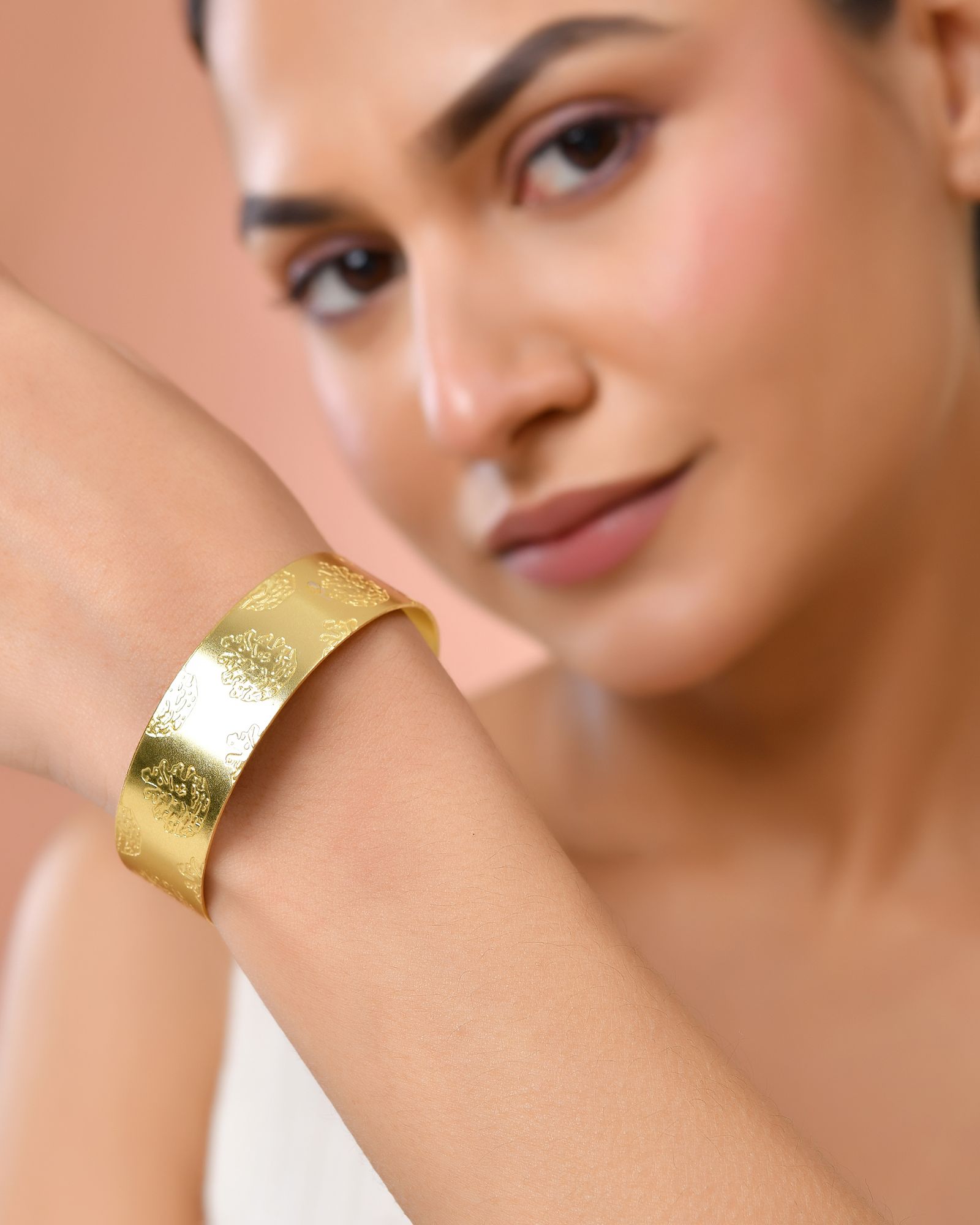 Jewels Nest Gold-Tone Engraved Wide Cuff Bangle For Women | Grocsy