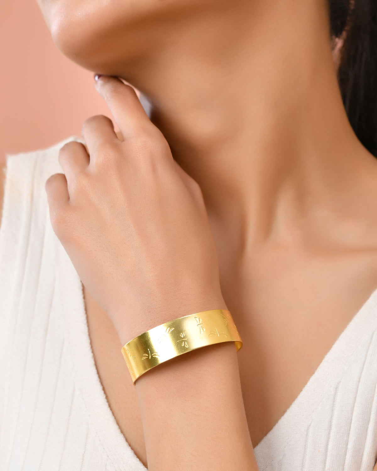 Jewels Nest Gold-Tone Anti- Tarnish Floral Engraved Wide Cuff Bangle For Women | Grocsy