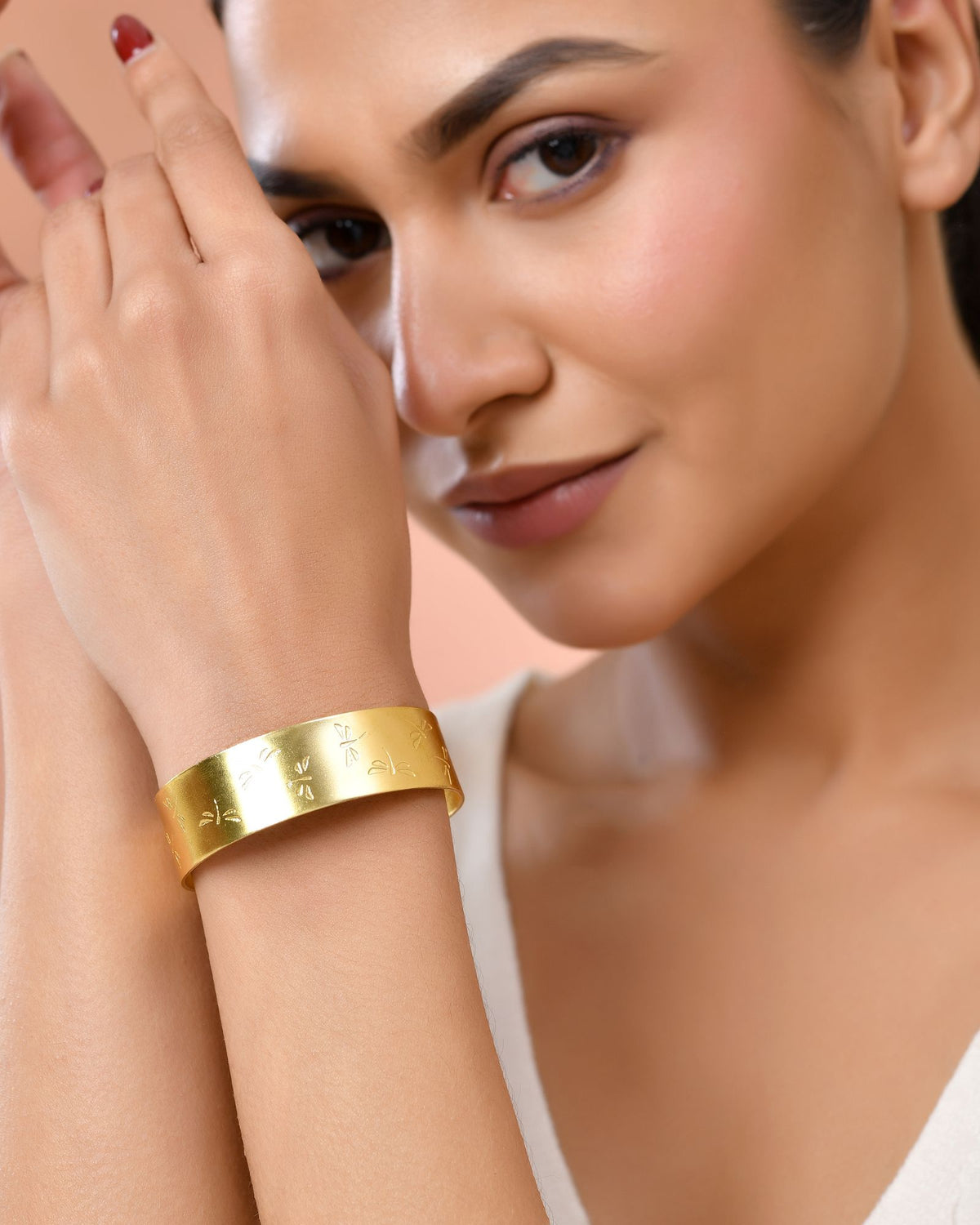 Jewels Nest Gold-Tone Anti- Tarnish Floral Engraved Wide Cuff Bangle For Women | Grocsy