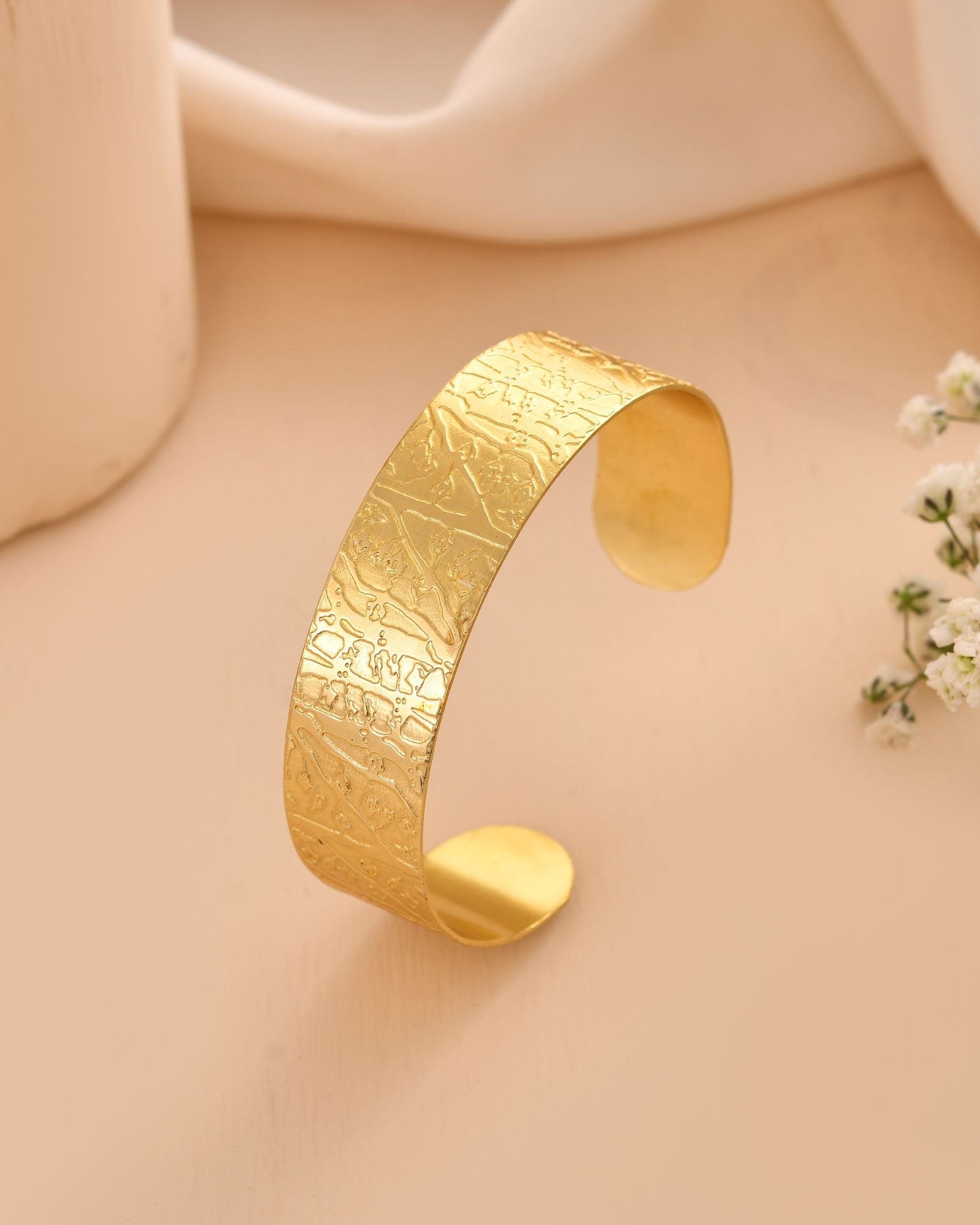 Jewels Nest Gold-Tone Anti- Tarnish Textured Wide Cuff Bangle For Women | Grocsy