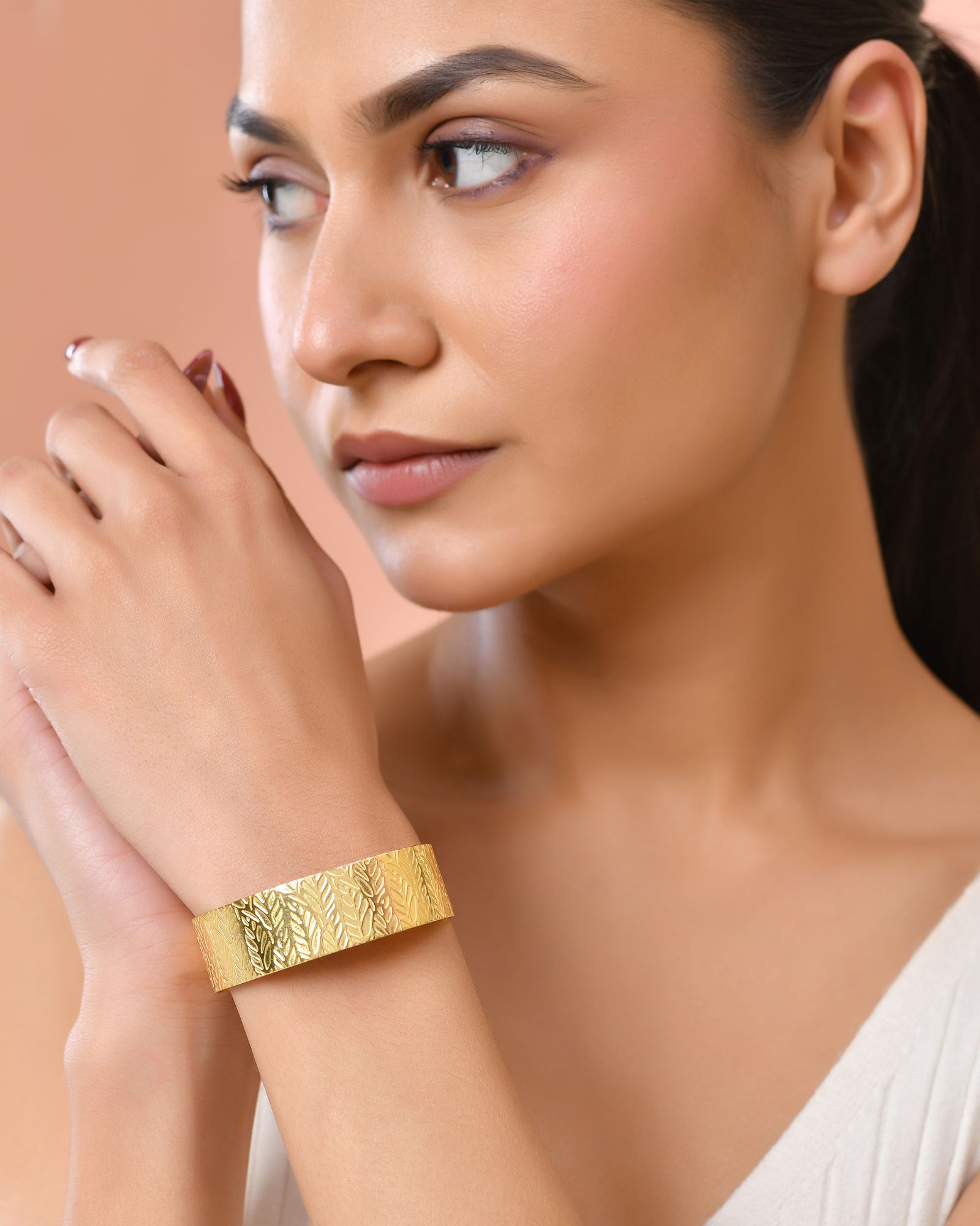 Jewels Nest Gold-Tone Anti- Tarnish Leaf Textured Wide Cuff Bangle For Women | Grocsy