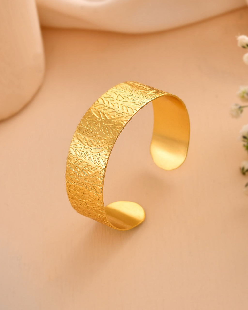 Jewels Nest Gold-Tone Anti- Tarnish Leaf Textured Wide Cuff Bangle For Women | Grocsy