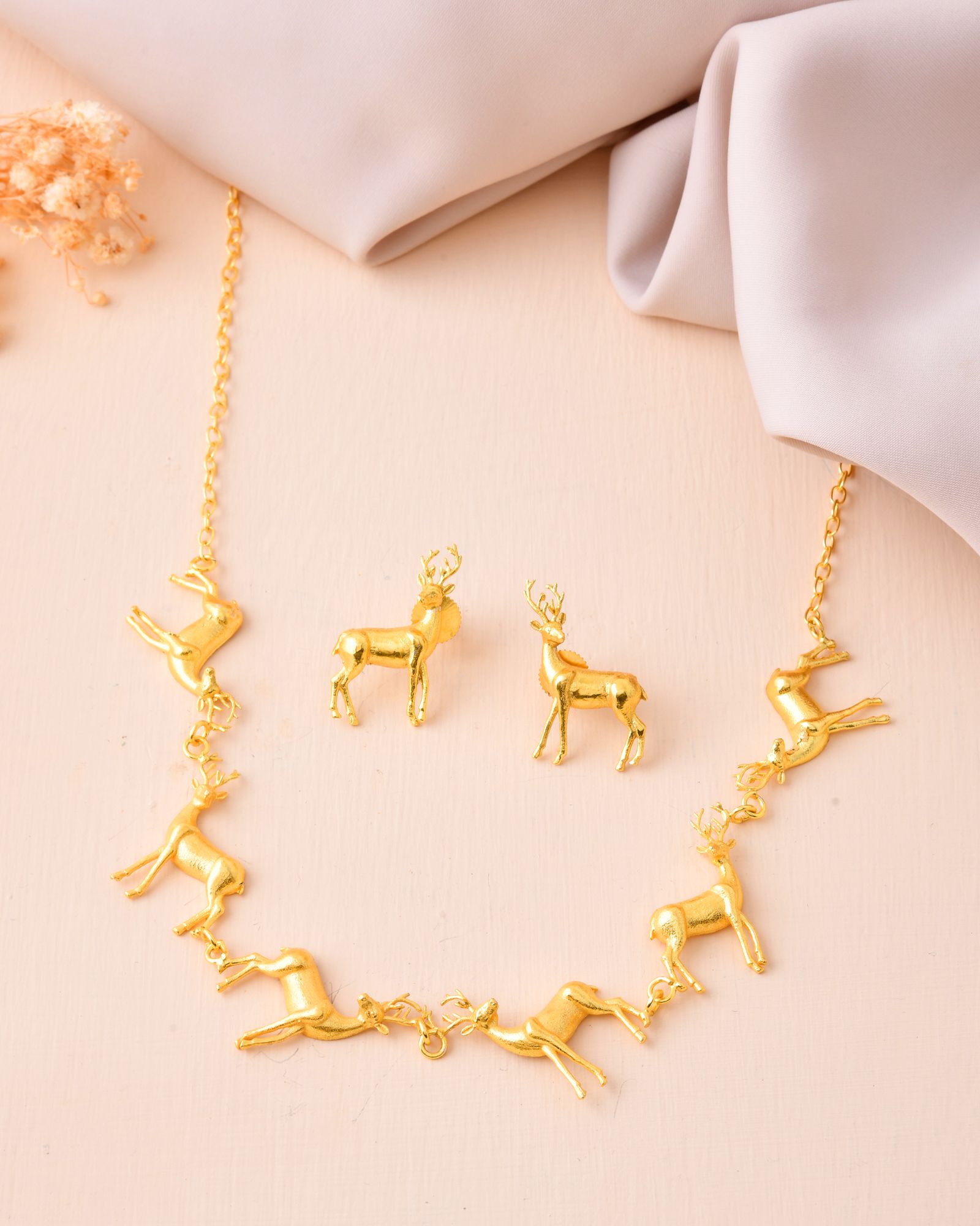 Jewels Nest Gold-Tone Deer Motif Necklace & Stud Earrings Jewellery Set For Women | Grocsy