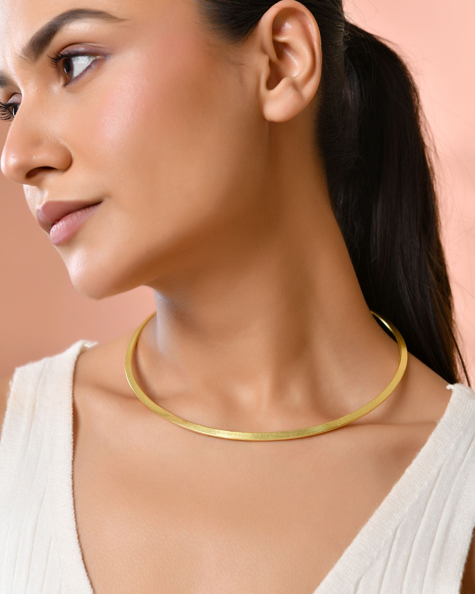 Jewels Nest Gold-Tone Minimal Collar Necklace For Women | Sleek Flat Chain Statement Jewellery | Grocsy