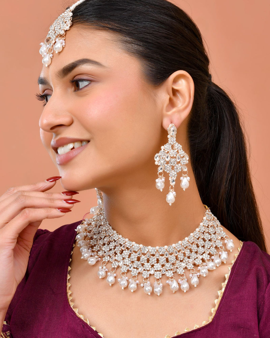 Jewels Nest Silver-Tone Pearl & Crystal Bridal Choker Necklace Set With Earrings And Maang Tikka | Grocsy