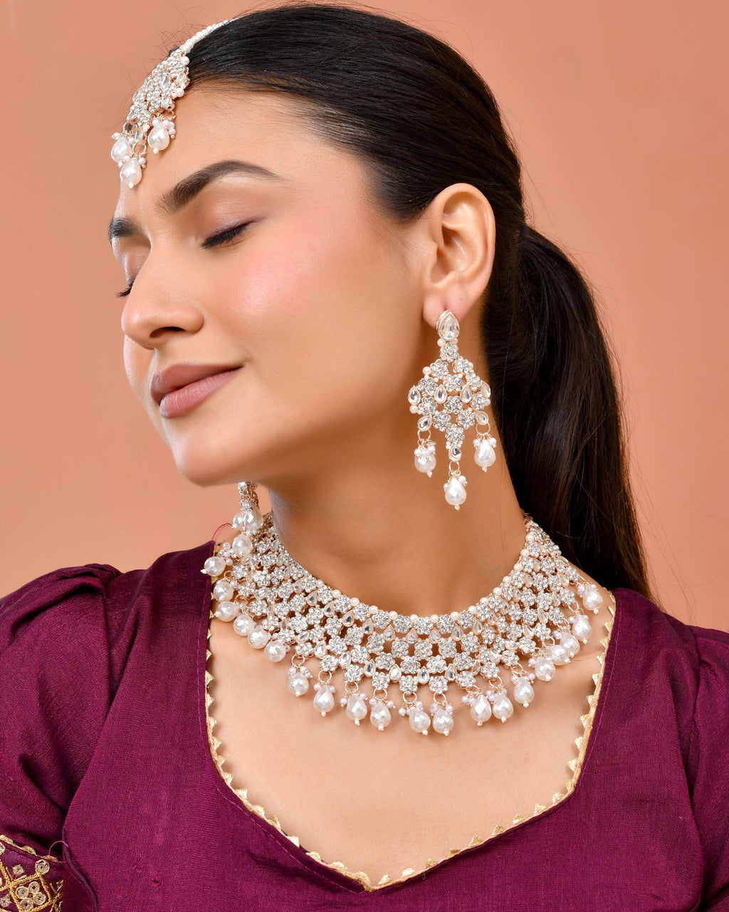 Jewels Nest Silver-Tone Pearl & Crystal Bridal Choker Necklace Set With Earrings And Maang Tikka | Grocsy