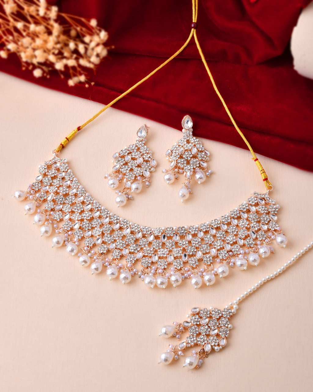 Jewels Nest Silver-Tone Pearl & Crystal Bridal Choker Necklace Set With Earrings And Maang Tikka | Grocsy