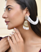 Jewels Nest Grand Traditional Gold and Pearl Jhumka Earrings with Kundan and Layered Pearl Strings