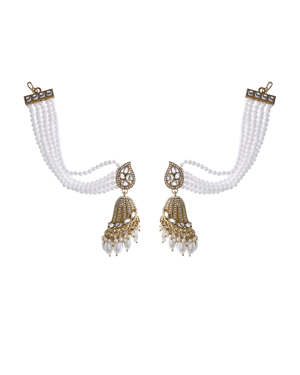 Jewels Nest Grand Traditional Gold and Pearl Jhumka Earrings with Kundan and Layered Pearl Strings
