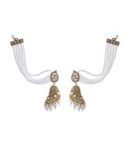 Jewels Nest Grand Traditional Gold and Pearl Jhumka Earrings with Kundan and Layered Pearl Strings