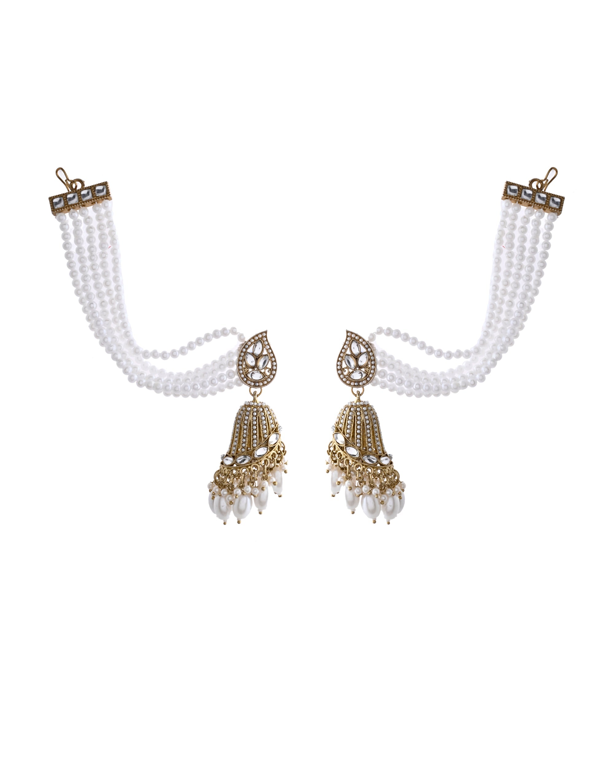 Jewels Nest Grand Traditional Gold and Pearl Jhumka Earrings with Kundan and Layered Pearl Strings