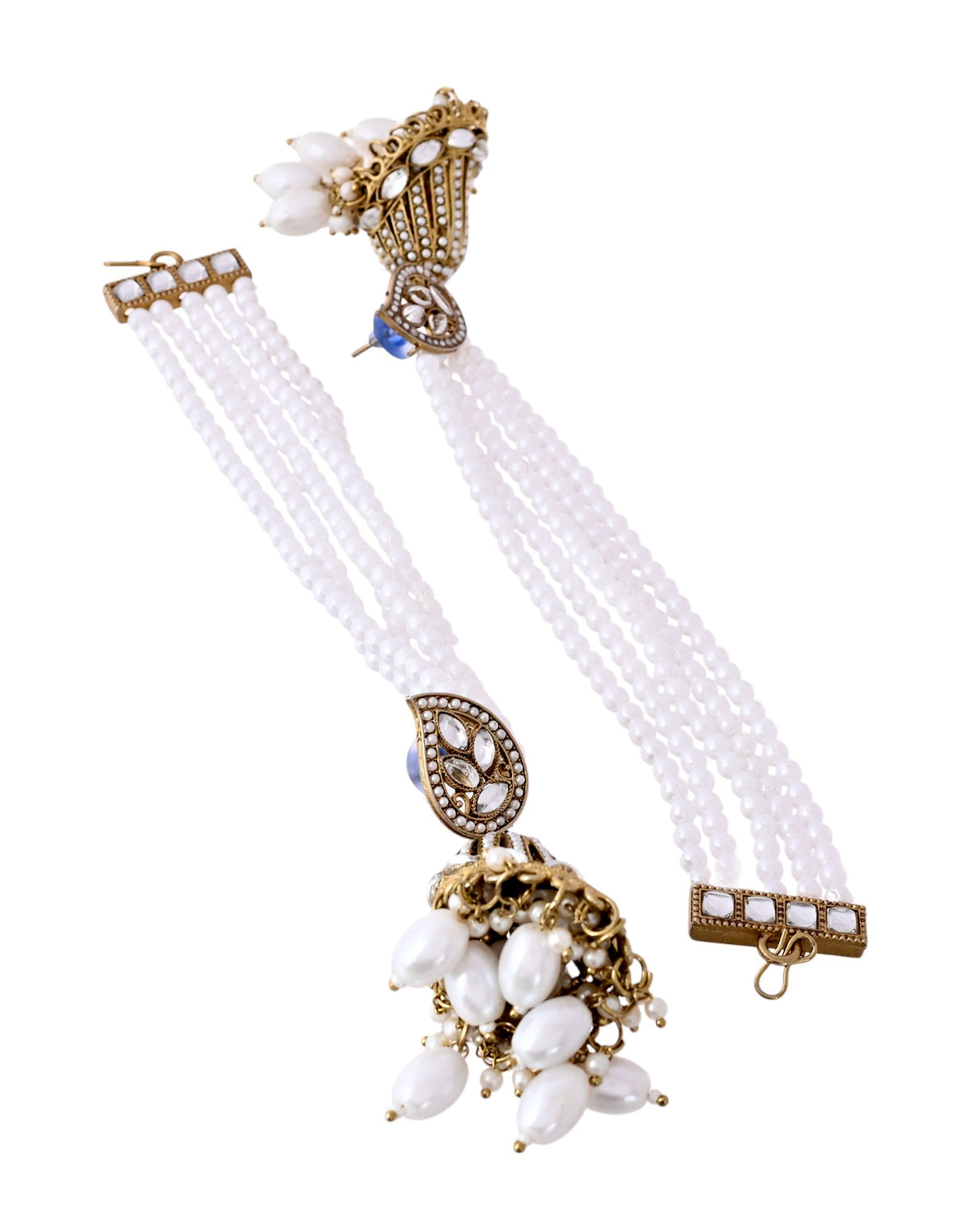 Jewels Nest Grand Traditional Gold and Pearl Jhumka Earrings with Kundan and Layered Pearl Strings