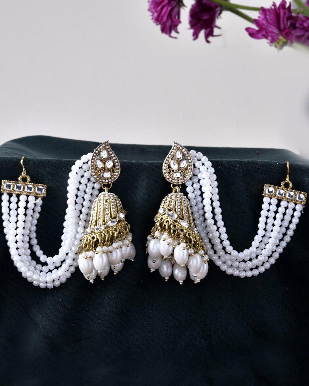 Jewels Nest Grand Traditional Gold and Pearl Jhumka Earrings with Kundan and Layered Pearl Strings