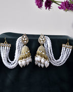 Jewels Nest Grand Traditional Gold and Pearl Jhumka Earrings with Kundan and Layered Pearl Strings
