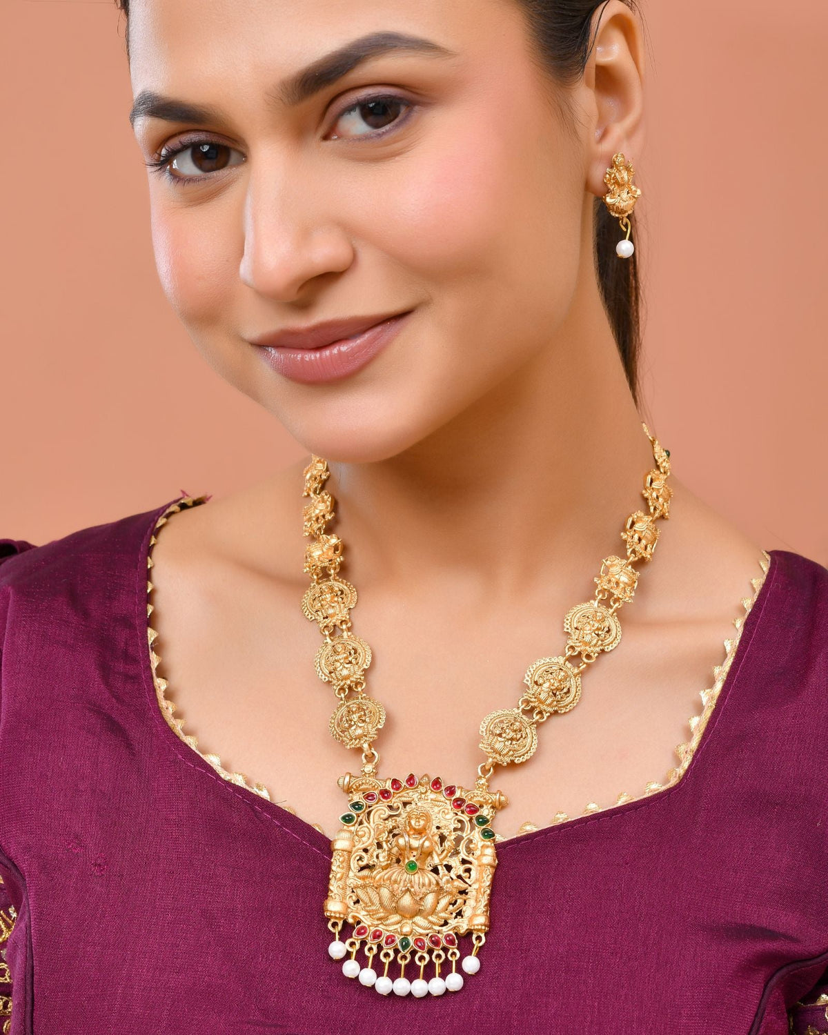Jewels Nest Gold-Tone Lakshmi Temple Long Necklace Set With Earrings | Grocsy