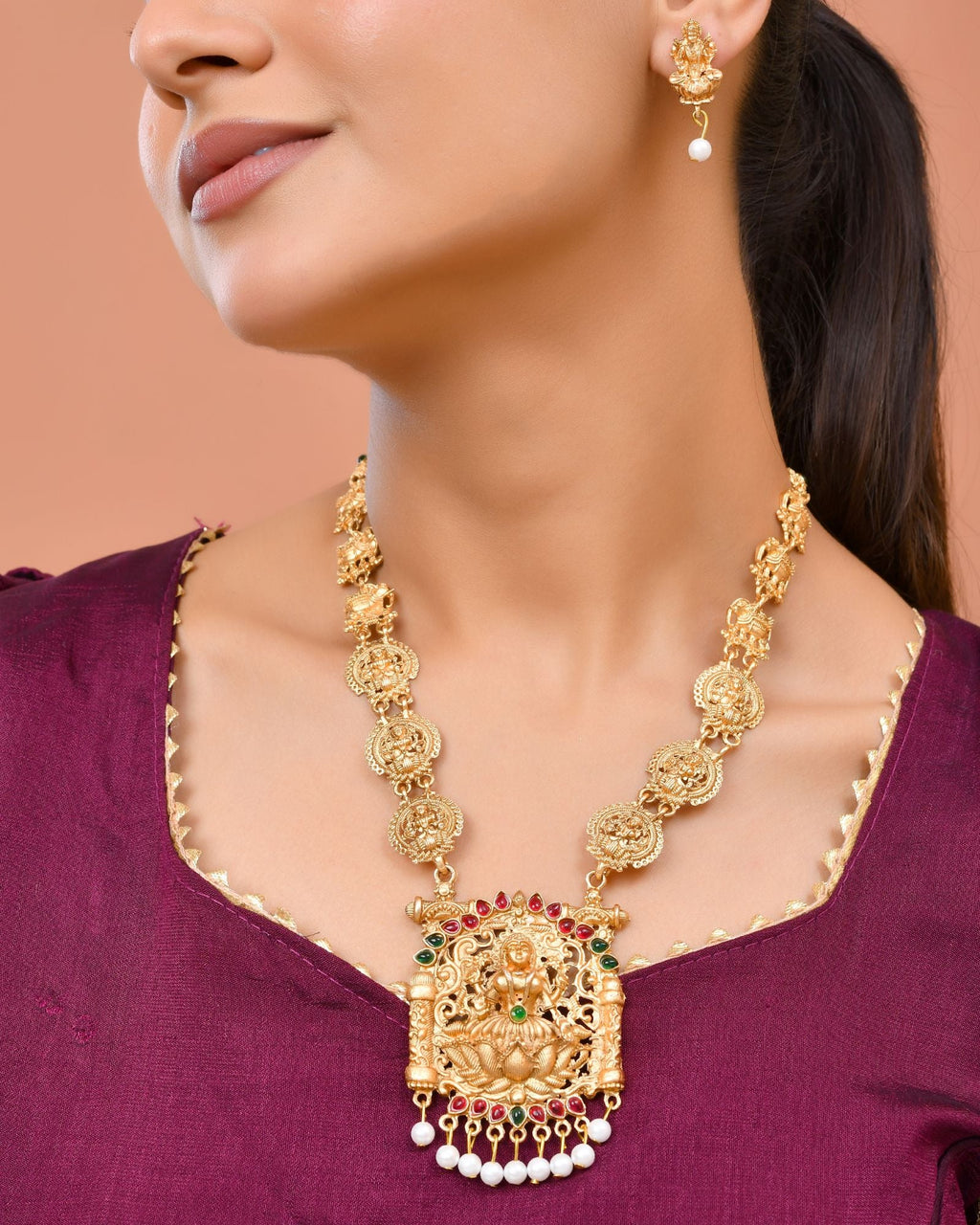 Jewels Nest Gold-Tone Lakshmi Temple Long Necklace Set With Earrings | Grocsy