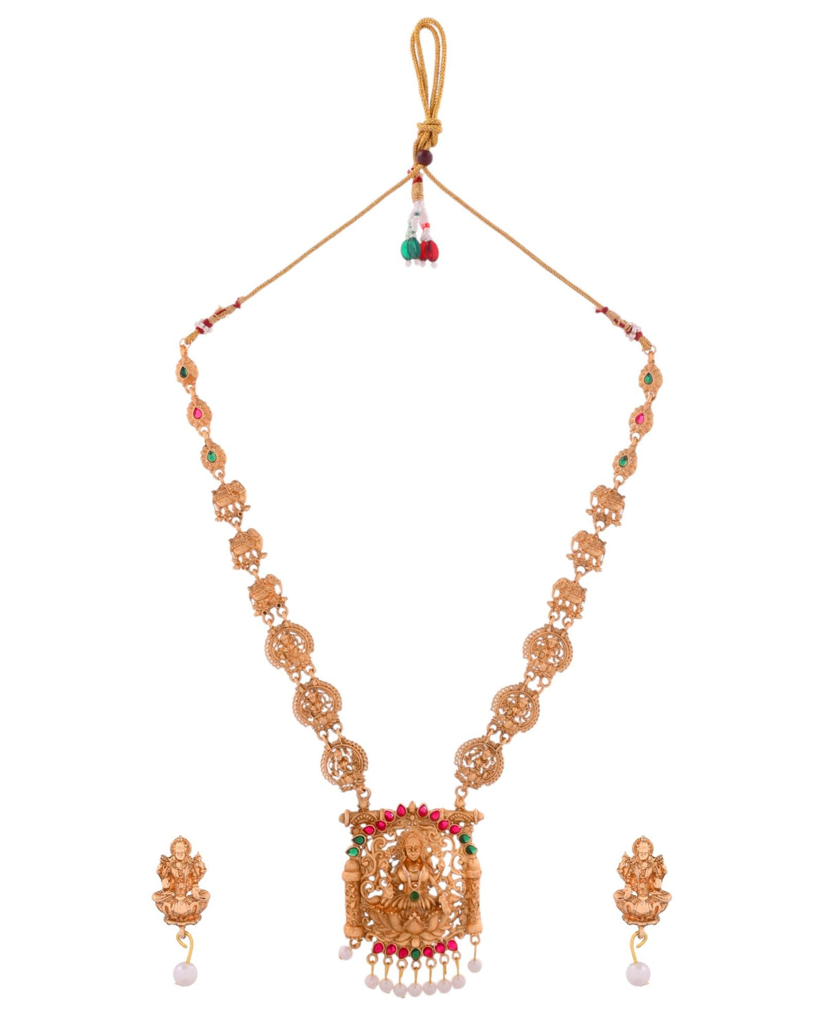 Jewels Nest Gold-Tone Lakshmi Temple Long Necklace Set With Earrings | Grocsy
