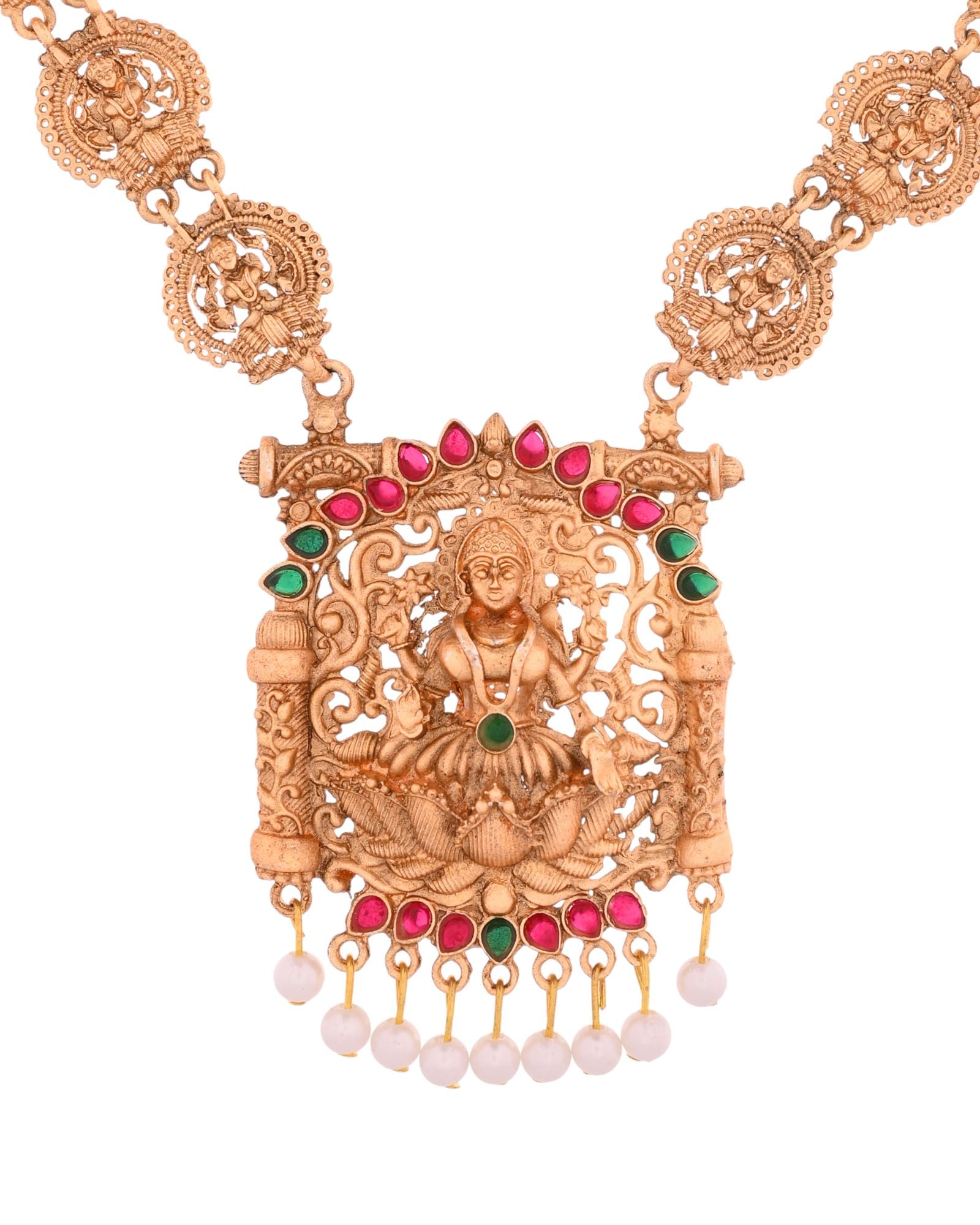 Jewels Nest Gold-Tone Lakshmi Temple Long Necklace Set With Earrings | Grocsy