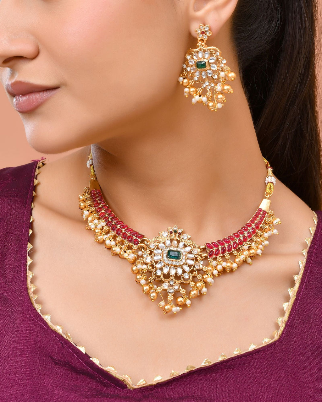 Jewels Nest Gold-Tone Kundan Choker Necklace Set With Red Stones & Pearl Drops | Grocsy