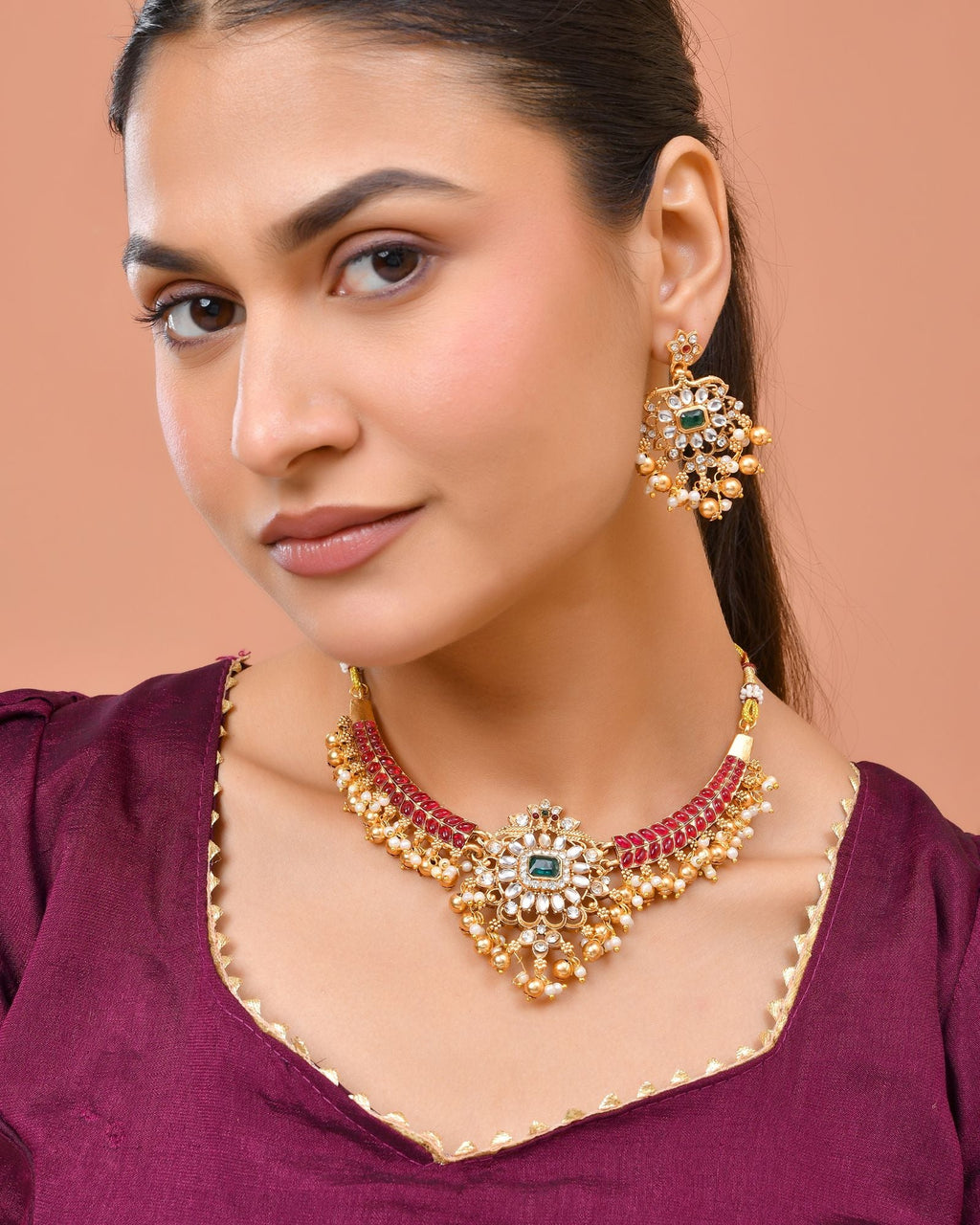 Jewels Nest Gold-Tone Kundan Choker Necklace Set With Red Stones & Pearl Drops | Grocsy