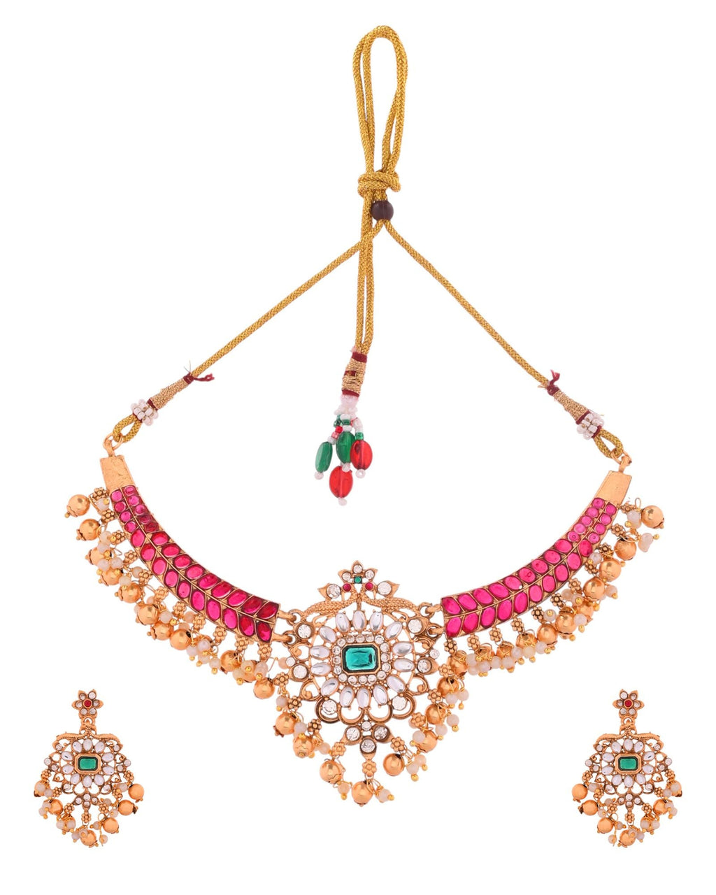 Jewels Nest Gold-Tone Kundan Choker Necklace Set With Red Stones & Pearl Drops | Grocsy
