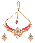 Jewels Nest Gold-Tone Kundan Choker Necklace Set With Red Stones & Pearl Drops | Grocsy