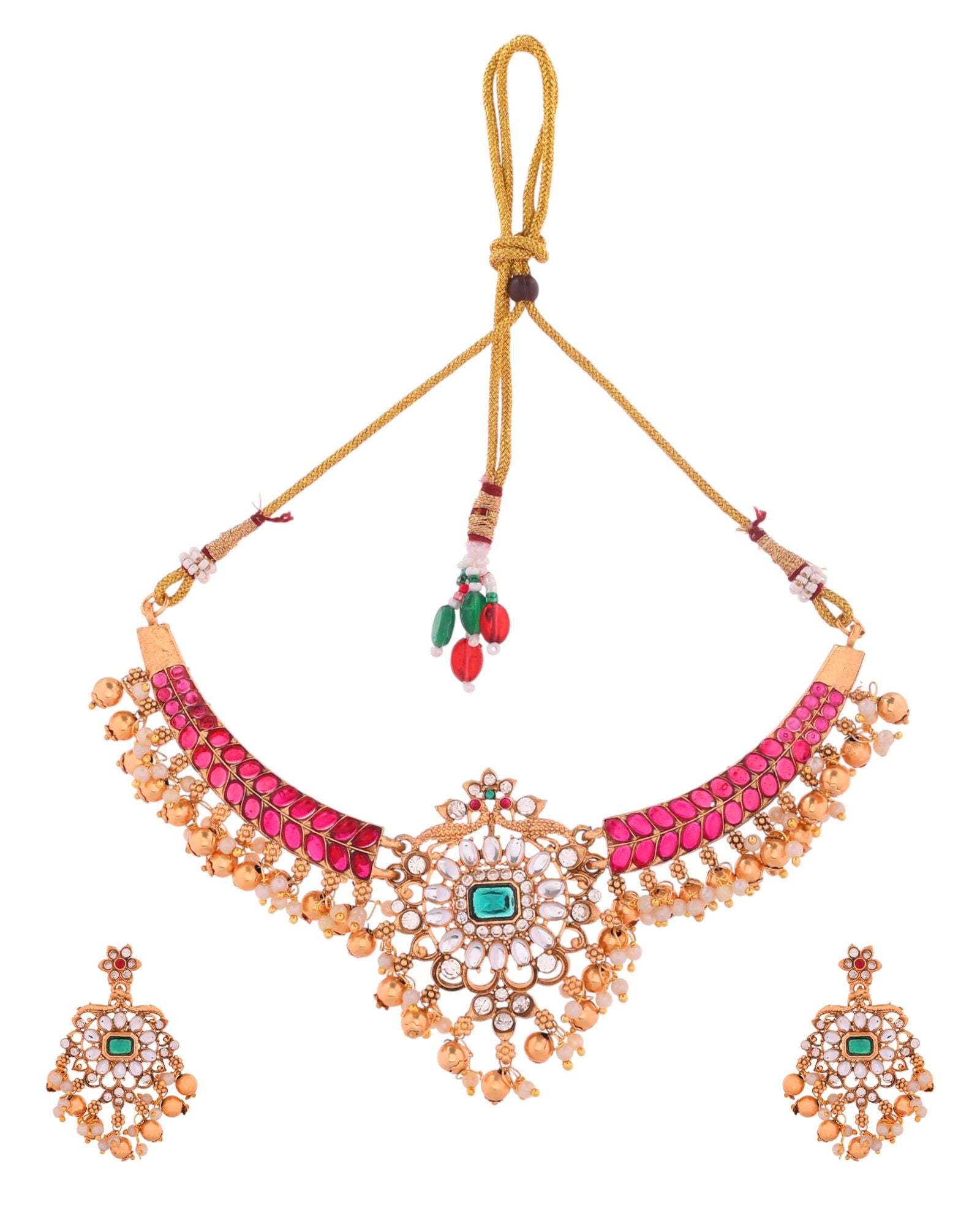 Jewels Nest Gold-Tone Kundan Choker Necklace Set With Red Stones & Pearl Drops | Grocsy