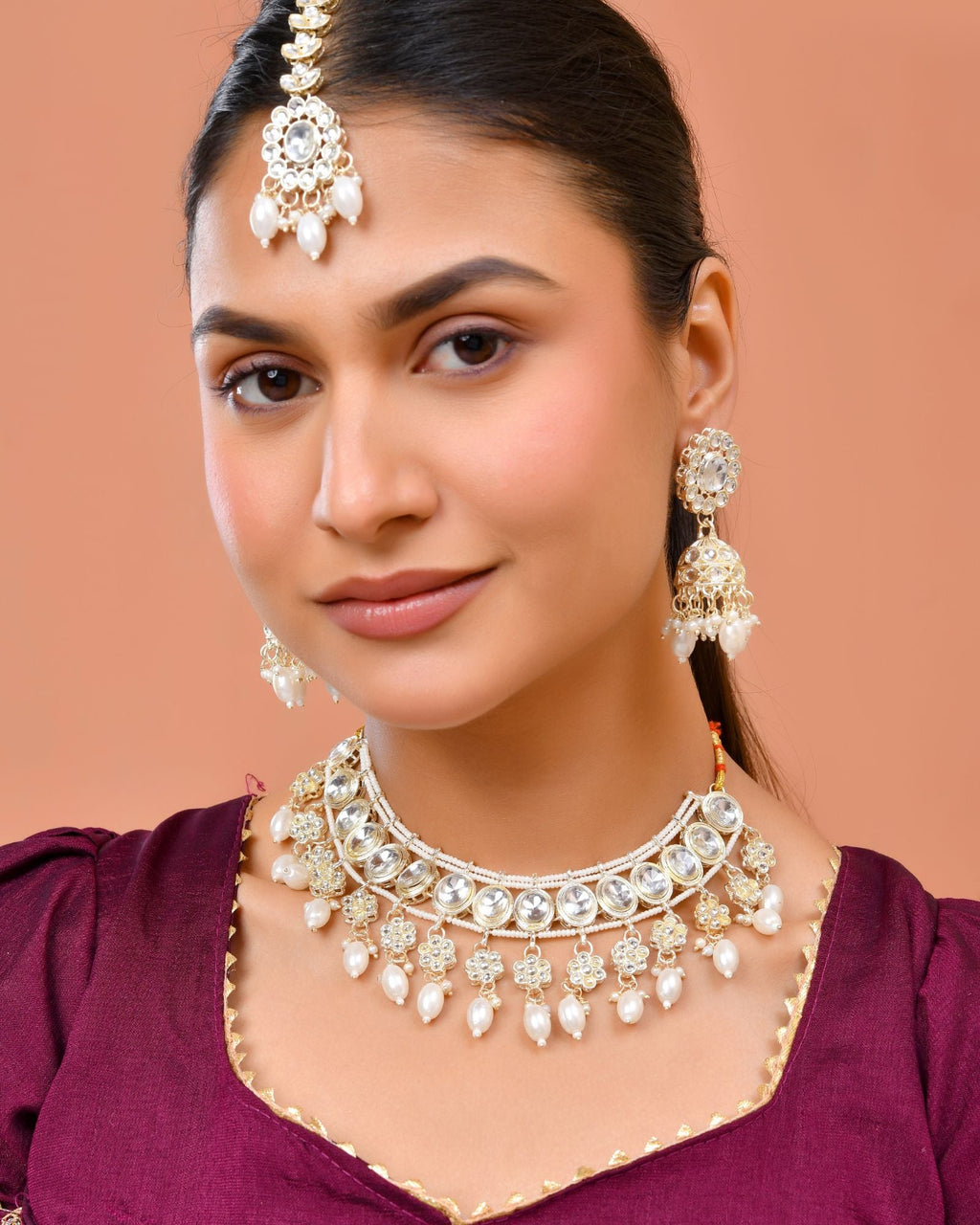 Jewels Nest Gold-Tone Kundan Choker Necklace Set With Pearl Drops & Maang Tikka | Grocsy