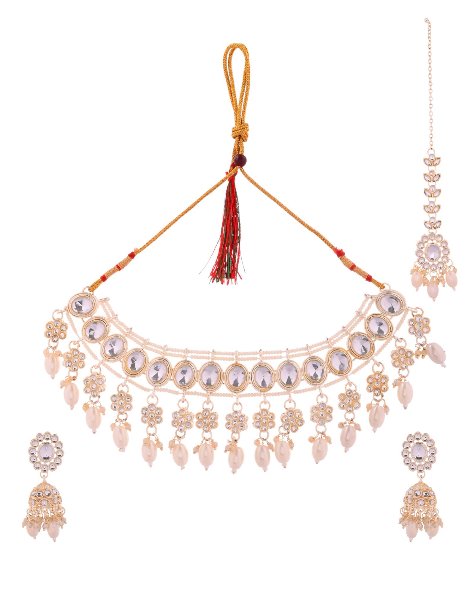 Jewels Nest Gold-Tone Kundan Choker Necklace Set With Pearl Drops & Maang Tikka | Grocsy