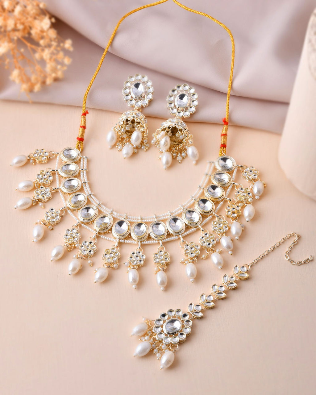 Jewels Nest Gold-Tone Kundan Choker Necklace Set With Pearl Drops & Maang Tikka | Grocsy