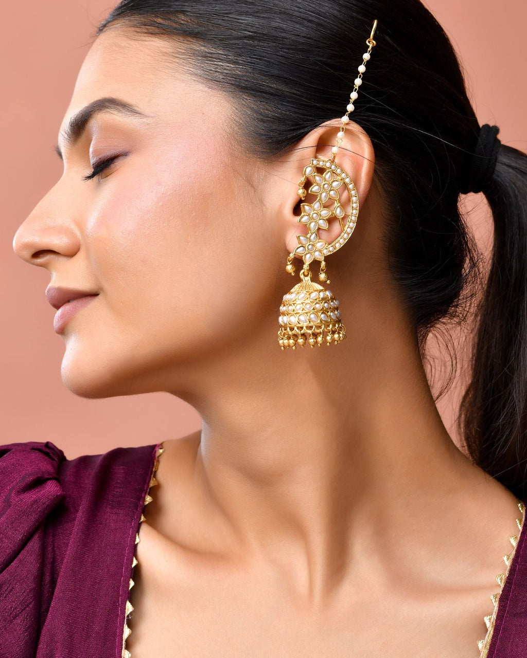 Jewels Nest Gold-Tone Kundan Ear Cuff Jhumka Earrings With Pearl Chain | Grocsy