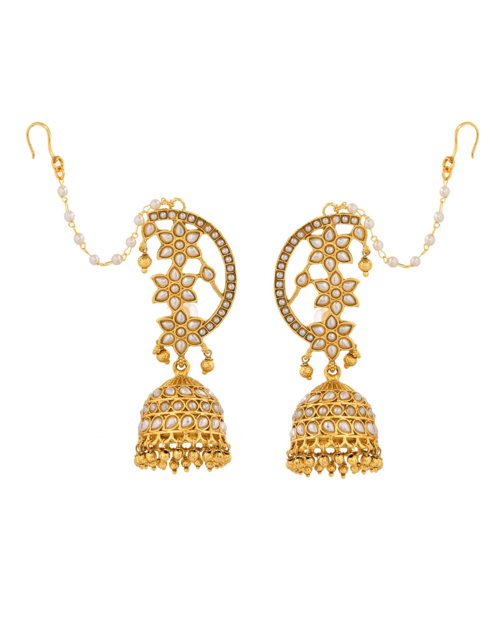 Jewels Nest Gold-Tone Kundan Ear Cuff Jhumka Earrings With Pearl Chain | Grocsy