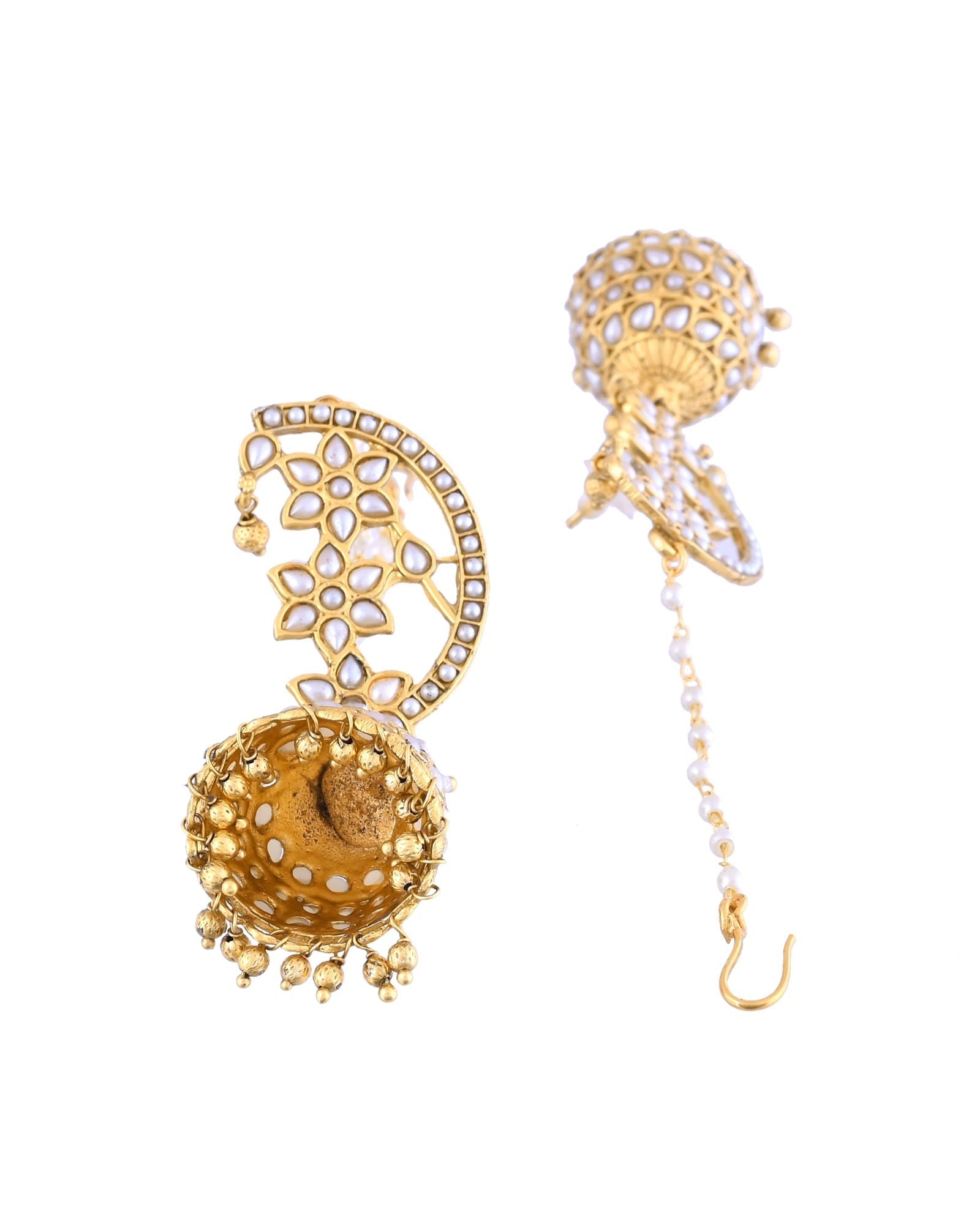 Jewels Nest Gold-Tone Kundan Ear Cuff Jhumka Earrings With Pearl Chain | Grocsy