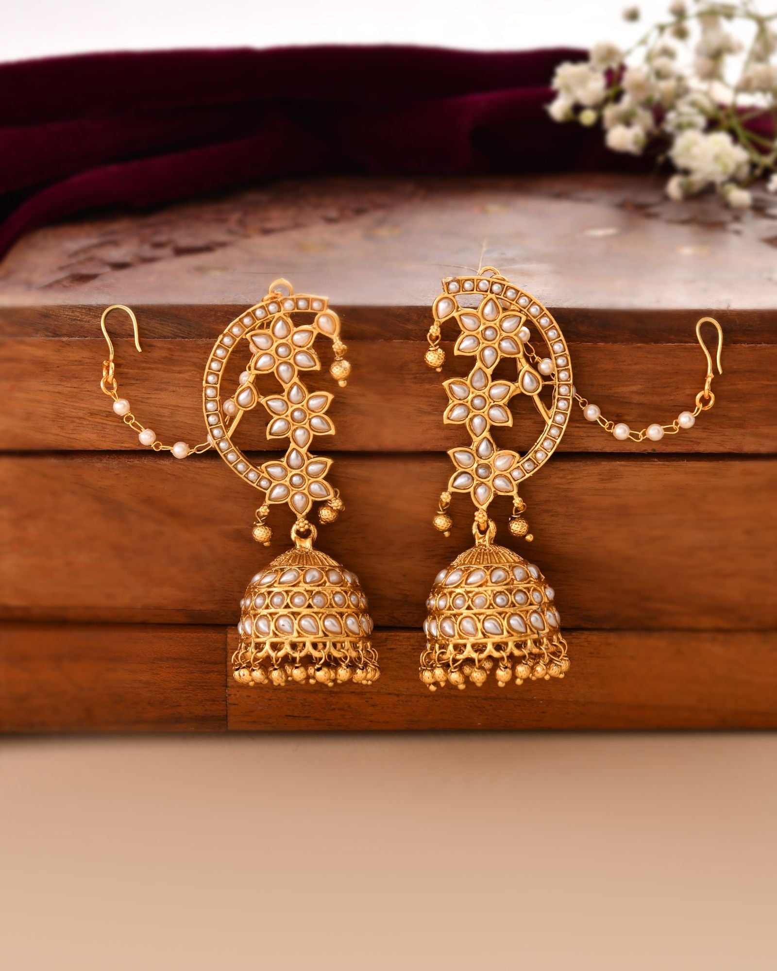 Jewels Nest Gold-Tone Kundan Ear Cuff Jhumka Earrings With Pearl Chain | Grocsy