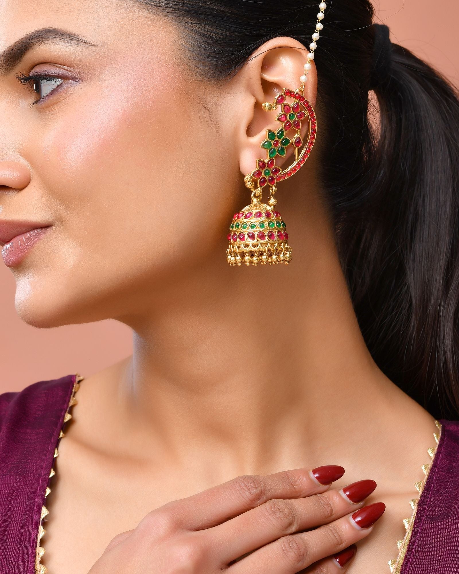Jewels Nest Gold-Tone Kundan Floral Ear Cuff Jhumka Earrings With Pearl Chain | Grocsy