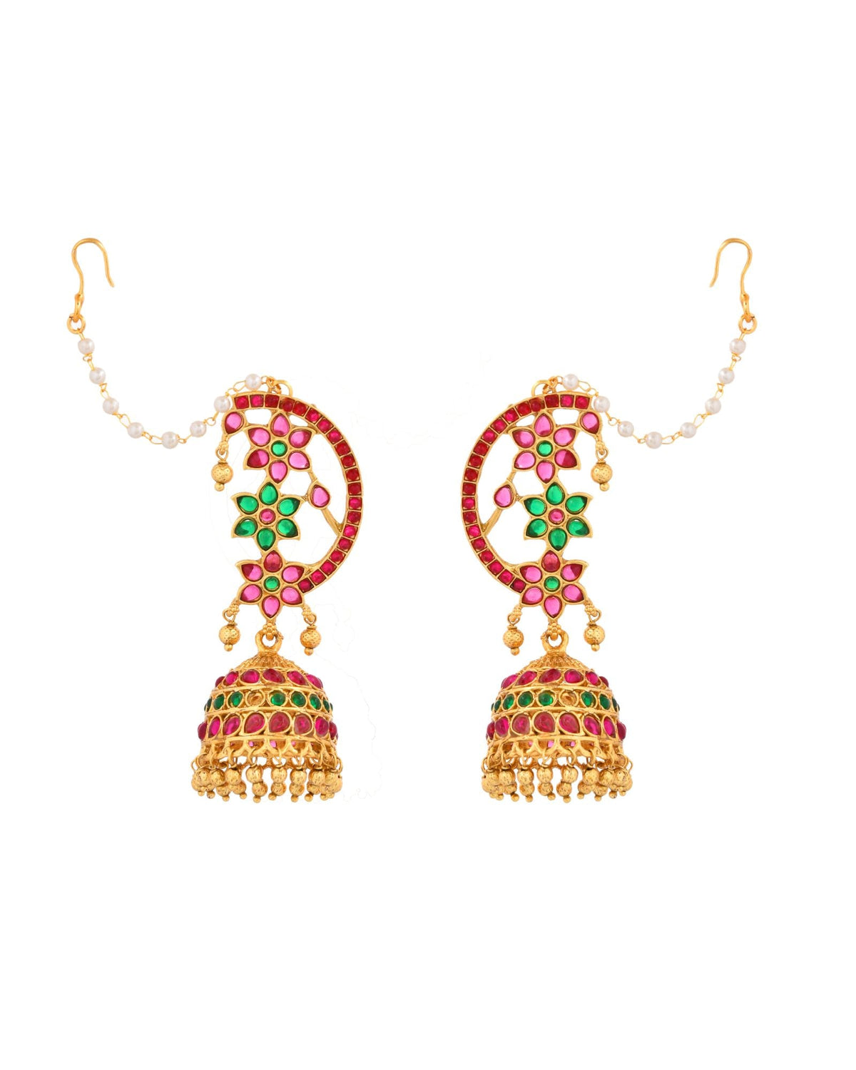 Jewels Nest Gold-Tone Kundan Floral Ear Cuff Jhumka Earrings With Pearl Chain | Grocsy