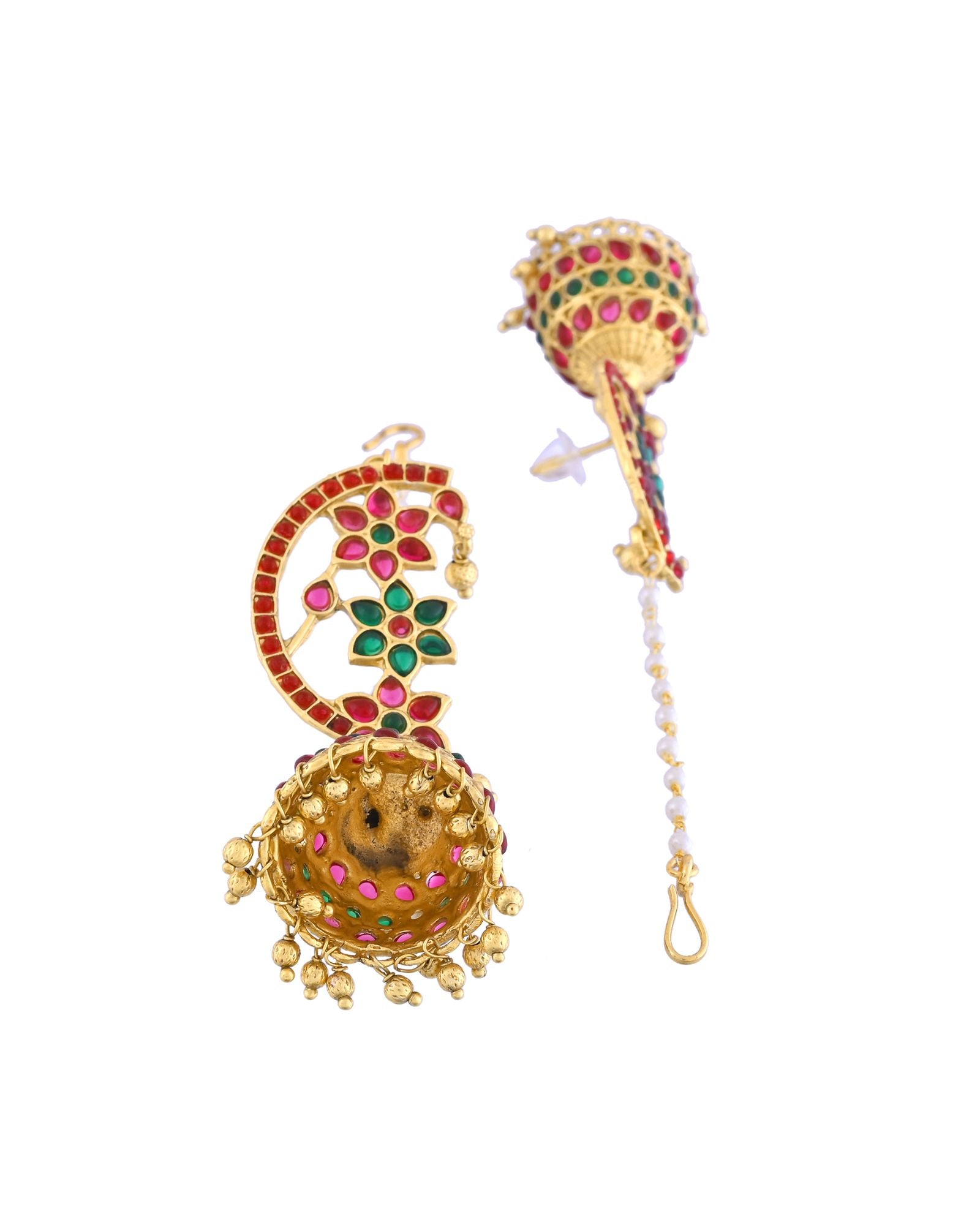 Jewels Nest Gold-Tone Kundan Floral Ear Cuff Jhumka Earrings With Pearl Chain | Grocsy