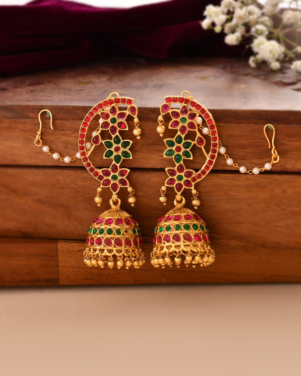 Jewels Nest Gold-Tone Kundan Floral Ear Cuff Jhumka Earrings With Pearl Chain | Grocsy