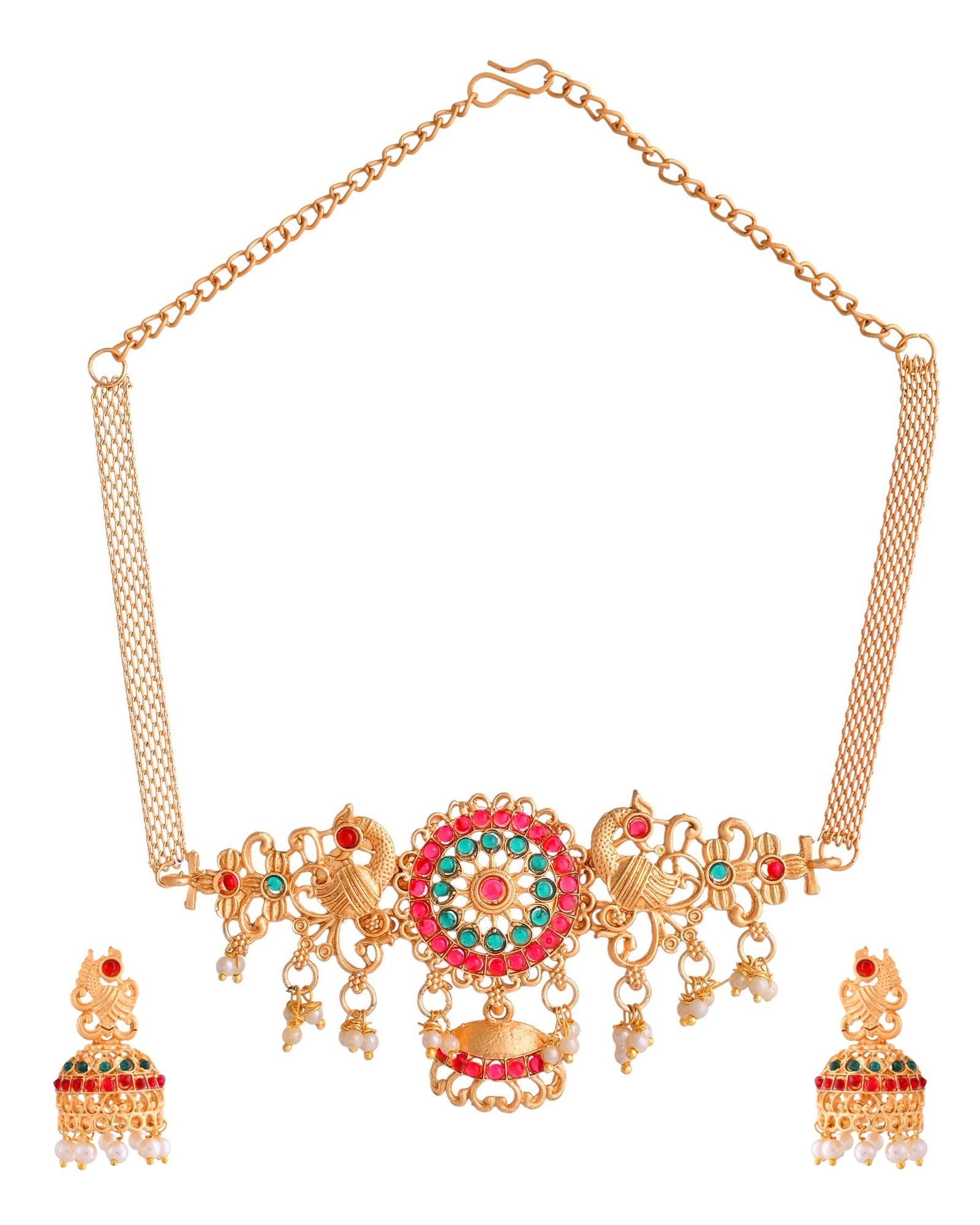 Jewels Nest Gold-Tone Kundan Peacock Pendant Necklace With Jhumka Earrings | Grocsy