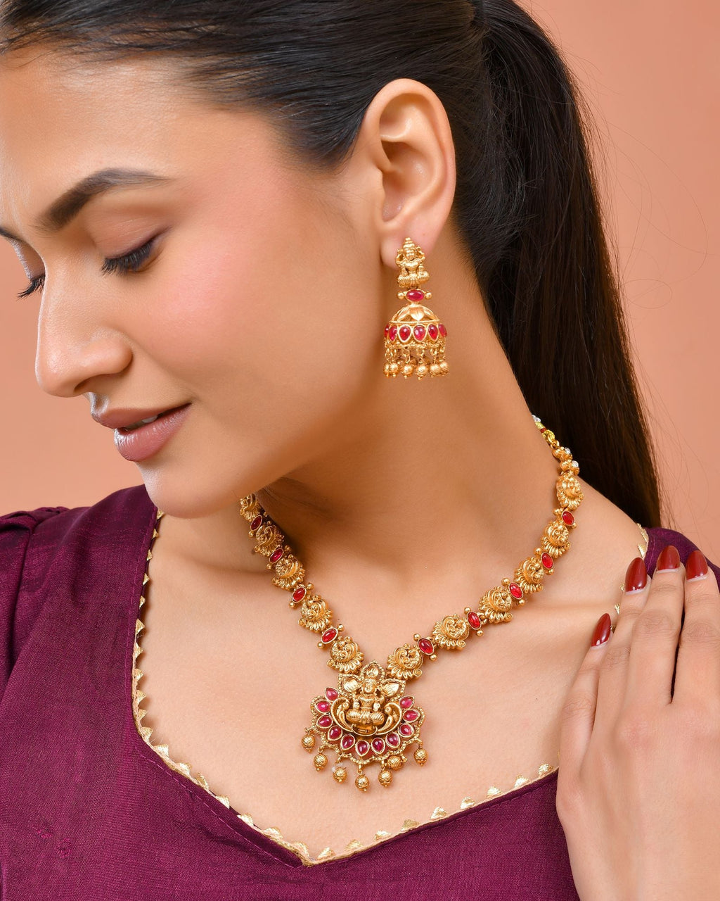 Jewels Nest Gold-Tone Temple Lakshmi Pendant Necklace With Jhumka Earrings | Grocsy