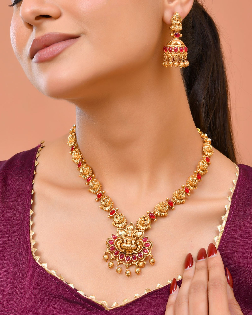 Jewels Nest Gold-Tone Temple Lakshmi Pendant Necklace With Jhumka Earrings | Grocsy