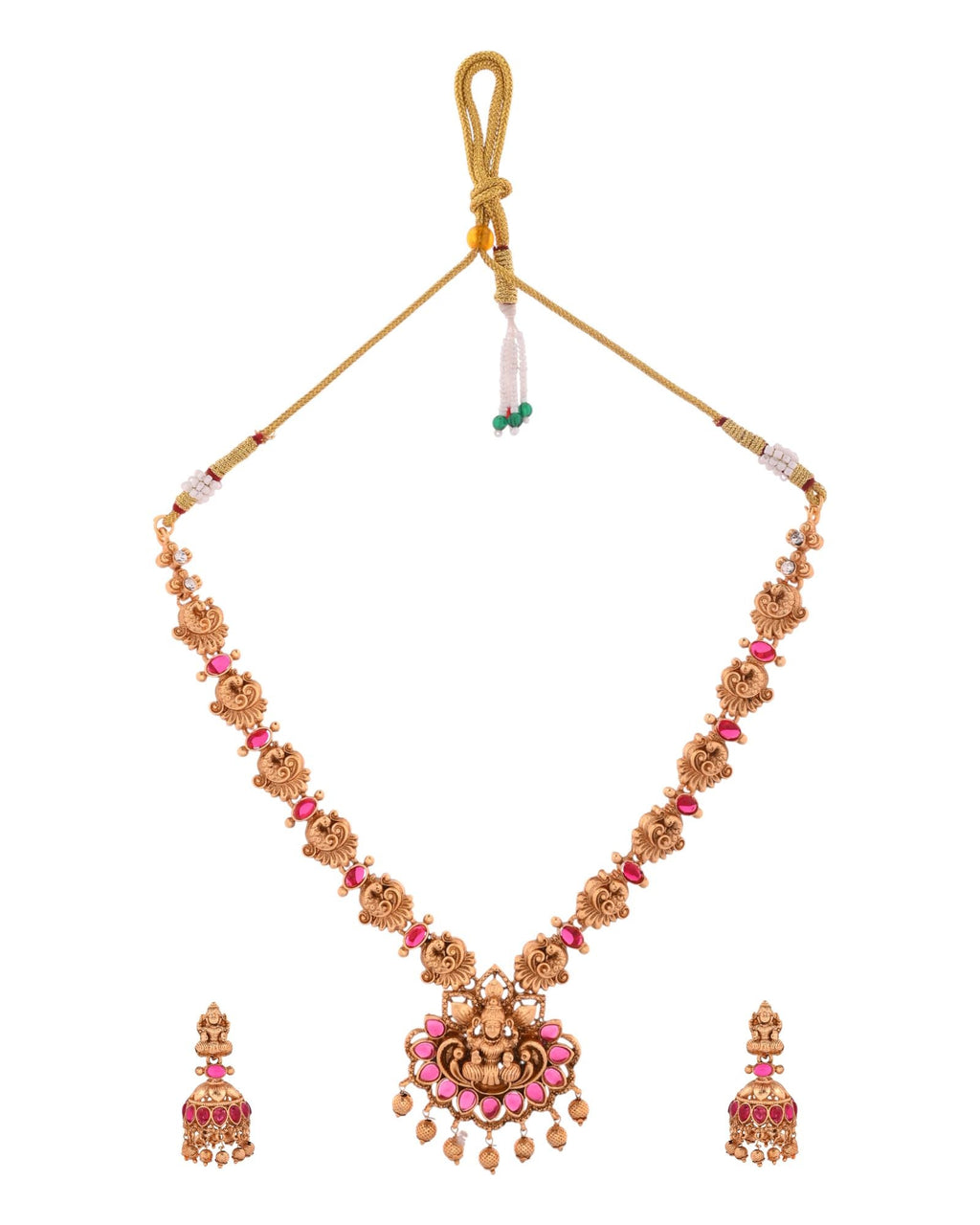 Jewels Nest Gold-Tone Temple Lakshmi Pendant Necklace With Jhumka Earrings | Grocsy