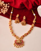Jewels Nest Gold-Tone Temple Lakshmi Pendant Necklace With Jhumka Earrings | Grocsy