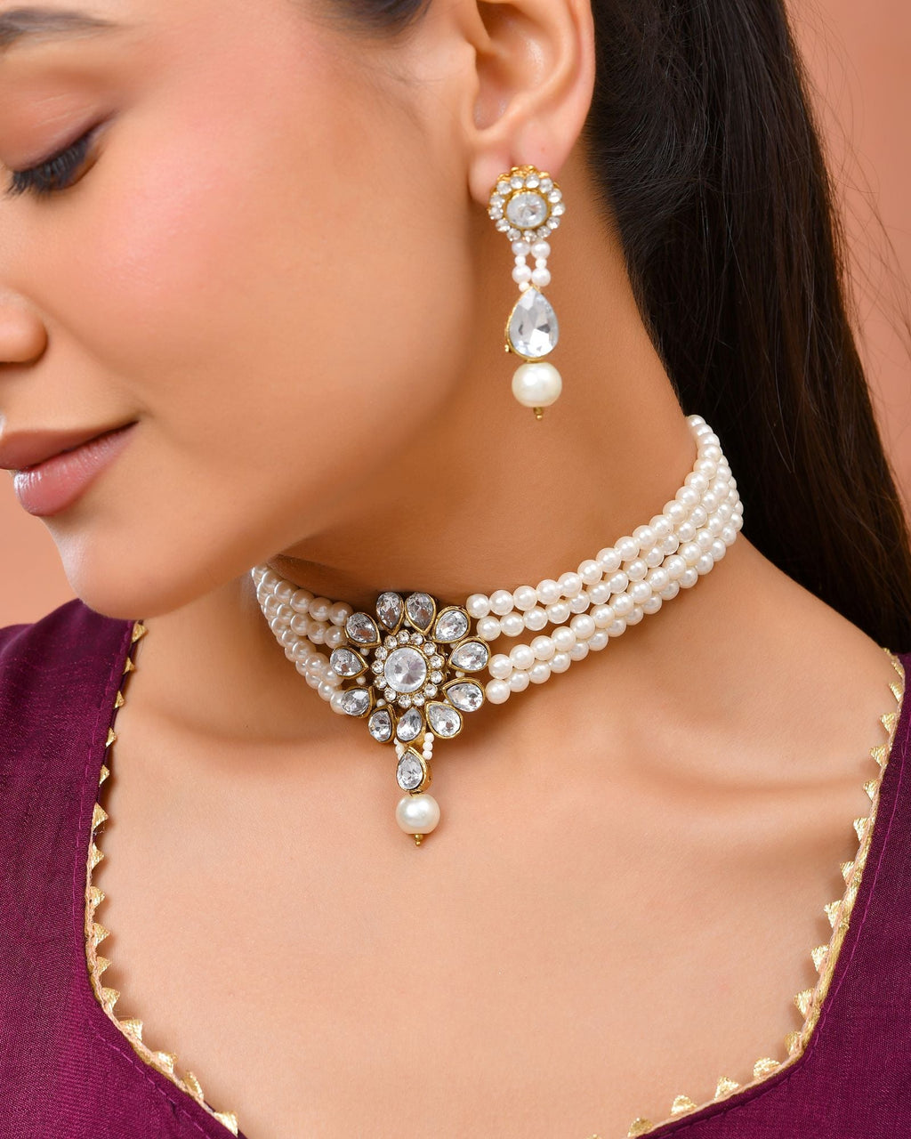 Jewels Nest Gold-Tone Pearl Choker Necklace With Stone Pendant And Earrings | Grocsy