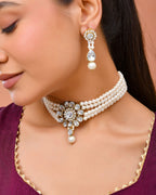 Jewels Nest Gold-Tone Pearl Choker Necklace With Stone Pendant And Earrings | Grocsy
