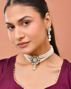 Jewels Nest Gold-Tone Pearl Choker Necklace With Stone Pendant And Earrings | Grocsy
